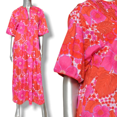 Vintage Womens Kaftan Dress Pink and Orange Floral Print Dress by Siamese Trader 100% Cotton Summer M 