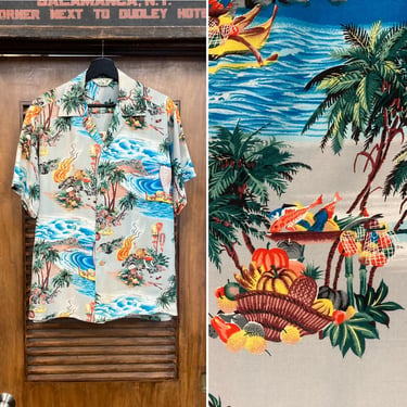 Vintage 1950’s Crepe “Iolani” Label Tropical Native Island Tiki Design Hawaiian Shirt, 50’s Loop Collar Shirt, Vintage Clothing 
