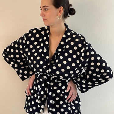 90s self tie blouse / vintage Carole Little polka dot silky crepe belted plunging notched lapel nipped waist navy blue blazer blouse | Large 