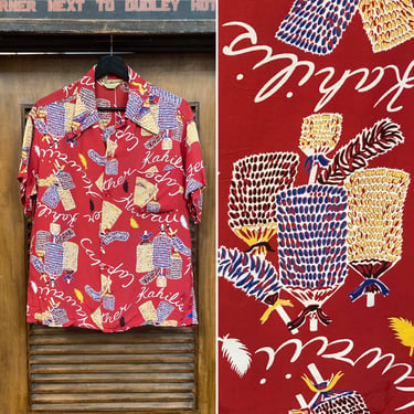 Vintage 1940’s Kahili Fan Print Silky Rayon Hawaiian Shirt -as is- Vintage Clothing 