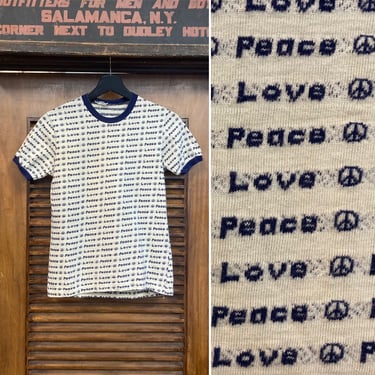 Vintage 1960’s Peace Love Knit Hippie Woodstock Ringer Tee Shirt, 60’s T Shirt, Vintage Clothing 