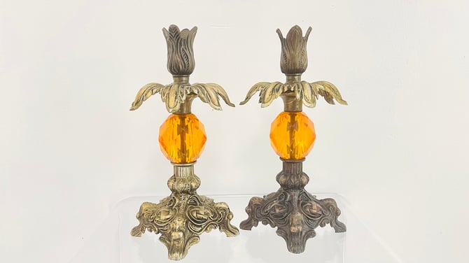 Vintage 1970s MID Century Modern Orange Lucite Metal Swanky Candle Stick Holders 