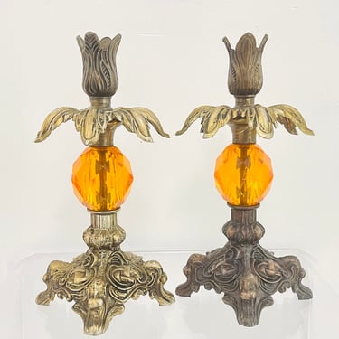 Vintage 1970s MID Century Modern Orange Lucite Metal Swanky Candle Stick Holders 