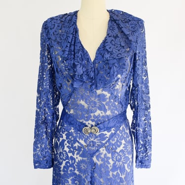 Antique Early 1930s Cobalt Lace Gown | S 