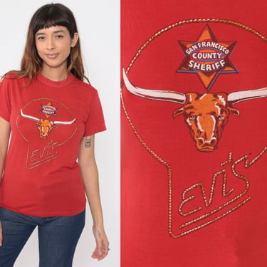 70s Levi's T Shirt San Francisco County Sheriff Longhorn Cowboy Shirt Bull Rodeo Graphic Tshirt Cow Shirt 1970s Vintage Red Extra Small xs 