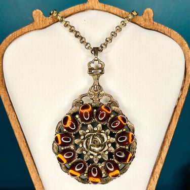 Vintage Medallion Pendant Necklace Orange Glass Cabochons Reversible Mirror Rose 