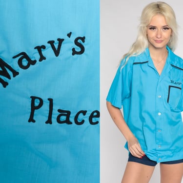 Marv's Place Shirt 70s Blue Button Up Uniform Shirt Collared Short Sleeve Bowling Marv Homeless Housing Nonprofit Vintage 1970s Medium Large 