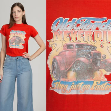 80s Old Fords Never Die T Shirt - Extra Small | Vintage Red Retro Iron On Graphic Car Tee 