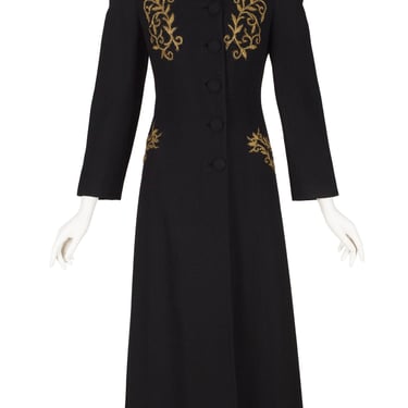 1940s Vintage Metallic Soutache Black Wool Full Length Coat Sz XS 