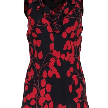 Tory Burch - Black & Red Leaf Print Sleeveless Silk Top Sz 6