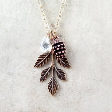 Leaf Pendant, Pinecone Necklace, Crystal Jewelry, Autumn Gift for Her, Winter Wedding, Wedding Party Gifts for Bridesmaids 