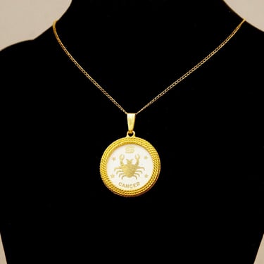Vintage Gold Tone Pendant Cancer Crab Pendant, Astrological Medallion, White &amp; Gold Cancer Sign Horoscope Pendant, 1 1/2&amp;quot; L 