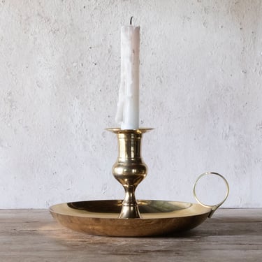 Large Brass Chamberstick with Finger Loop, Vintage Oversized Brass Candle Holder with Carrying Handle 