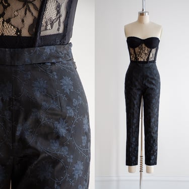 high waisted pants | y2k vintage Ann Taylor black navy floral brocade skinny straight leg cropped ankle trousers 