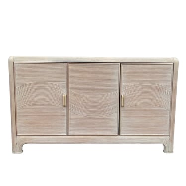 Vintage Pencil Reed Sideboard by American Drew - White Wash Wood Hollywood Regency Coastal Rattan Buffet Cabinet or Credenza 