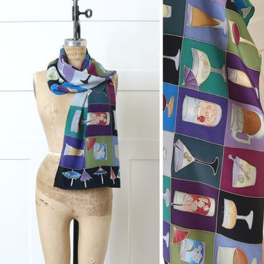 hand painted SILK scarf • multicolor novelty print wine & mixed drinks long silk wrap 