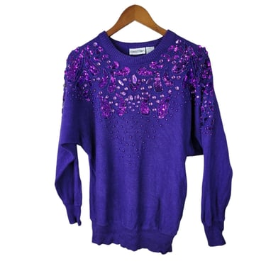 Vintage 80/90s Sweater Sz Medium Glam Preppy Beaded Sequin Granny Evening Purple 