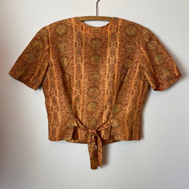 VTG 1960’s scenic picture-print Fall cinnamon golden colors~cropped boxy blouse Mod Size Medium 