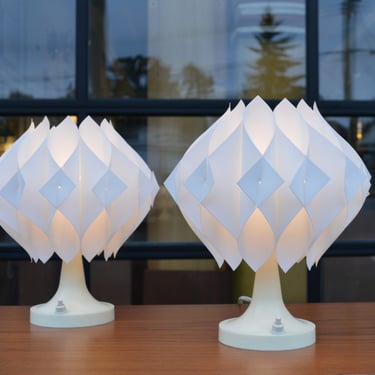 Pair of White Hoyrup Petite Origami Bedside Lamps w/ Tulip Bases