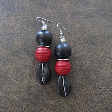 Cowrie shell earrings, black and red earrings 2 