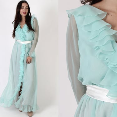 Vintage 70s Mint Chiffon Maxi Pleated Deep V Party Outfit With Ruffles 