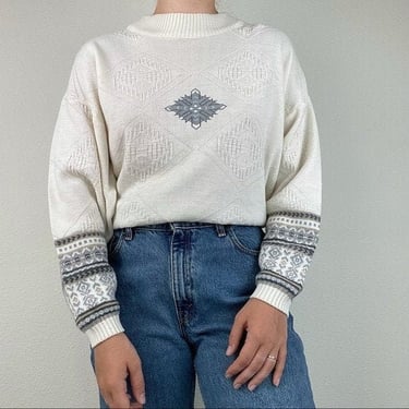 Vintage White Aztec Southwestern Oversized Crewneck Sweater Size XL 