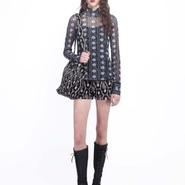 Anna Sui Rosetti Mesh Turtleneck Top - Black/Lilac Multi