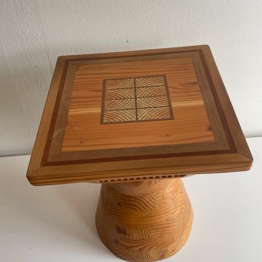 side table- artisan hand crafted pedestal with inlaid patterns and textures | wood plant stand | mid century home accents 