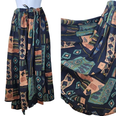 Vtg Skirt Boho Size Large XL 1X 2X hippie Long Drawstring Waist Aztec Southwest 