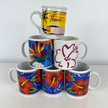 Vintage Novelty Hawaii Hilo Hattie Travel Mug Mixed Set of 6, Hawaii Mugs, Surfing Hawaii, Hawaiian Flowers, Hibiscus, 1999 Island Heritage 