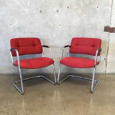 Pair of Vintage 1980s Steelcase Chrome / Red Cantilever Armchairs