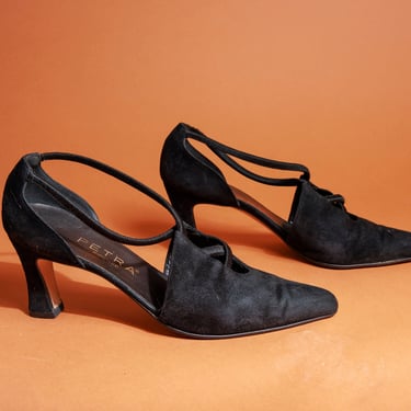 90s Black Velvet Criss Cross Pointed Heels Vintage Italian Pointy Formal Heels 