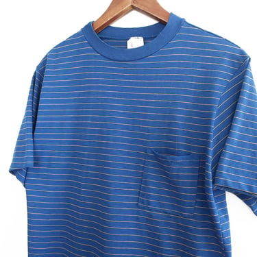 vintage striped shirt / 70s t shirt / 1970s Mojave blue and yellow striped pocket t shirt surfer Medium 