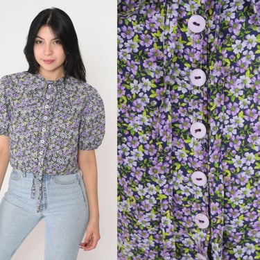Purple Floral Crop Top 90s Puff Sleeve Blouse Necktie Bow Tie Front Button up Cropped Shirt Flower Print Cottagecore Vintage 1990s Small S 