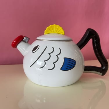 Vintage 1980s COPCO Goldfish Shaped Enamel Metal Teapot Tea Kettle Pot 