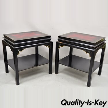 Vintage Chinoiserie Style Black Lacquered Red Leather Top End Tables - a Pair