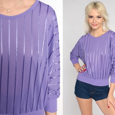 Purple Shirt 80s Ribbon Striped Blouse Slouchy Retro Top 3/4 Dolman Sleeve Banded Hem Casual Streetwear Shiny Vintage 1980s Extra Small XS S 