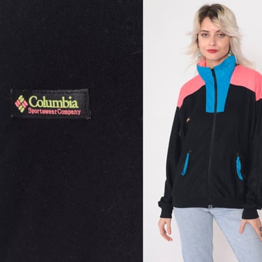 Black Columbia Jacket 90s Hiking Zip Up Funnel Neck Windbreaker 1990s Hot Pink Blue Color Block Vintage Retro Vintage Sportswear Small S 
