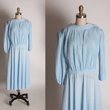 1970s Light Blue Long Sleeve Mid Calf Length Dress by Sally Lou -2XL 