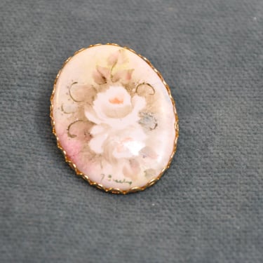 Hand Painted Victorian Porcelain Brooch Old Roses Pastel Shades of Whites and Greens 