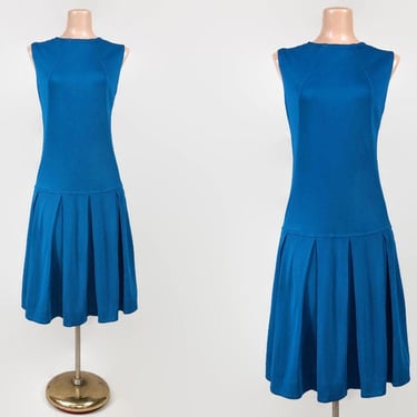 VINTAGE 60s MOD Peacock Blue Drop Waist Dress With Pleated Sweep | 1960s MCM Short Scooter Dress | vfg 