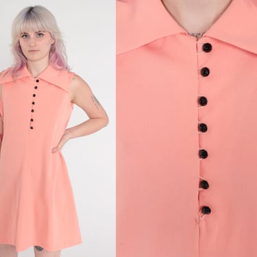 Peach Mod Mini Dress 60s 70s Shift STEWARDESS Dress Button Up Pink Gogo Sleeveless 1970s Collared Gogo Dress Vintage Sixties Twiggy Medium 