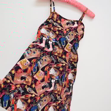 90s BARBIE Print Tank Dress Nicole Miller XS womens Girls Tween 10/12 // Vintage Barbie Doll Print Mini Cami Dress 90s Pop Art Fashion Print 