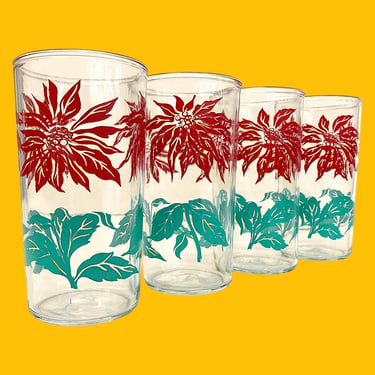 Vintage Federal Glass Poinsettia Glasses Retro 1960s Mid Century Modern + Christmas Glassware + Red/Green Flower + Set of 4 + Xmas Kitchen 