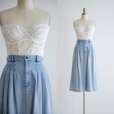 denim midi skirt | 80s 90s vintage light blue faded jean fit and flare skirt 