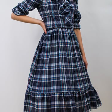 1980s Plaid Ruffle Collar Puff Sleeve Dress