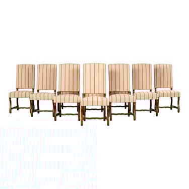 Antique French Louis XIII Style Os De Mouton Oak Dining Chairs in Coral Stripe - Set of 10 