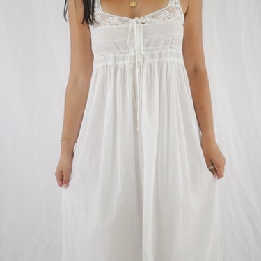 Vintage White Lace Cotton Full Length Cotton Nightgown Slip Dress - Small 