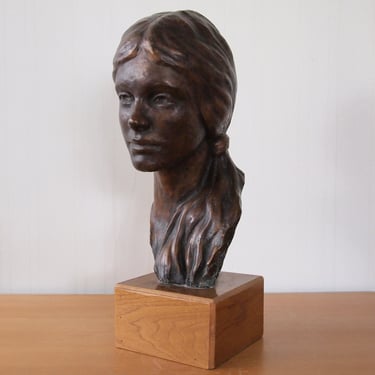 Original Vintage 1972 HARVEY SCHOR BUST Female Woman Girl, 20&quot; High, Plaster Bronze Wood Mid-Century Modern art sculpture portrait eames era 