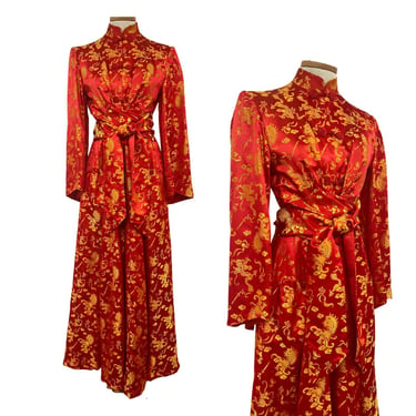 Vtg Vintage 1960s 60s Silk Red Gold Dragon Phoenix Princess Cut Evening Coat. 
